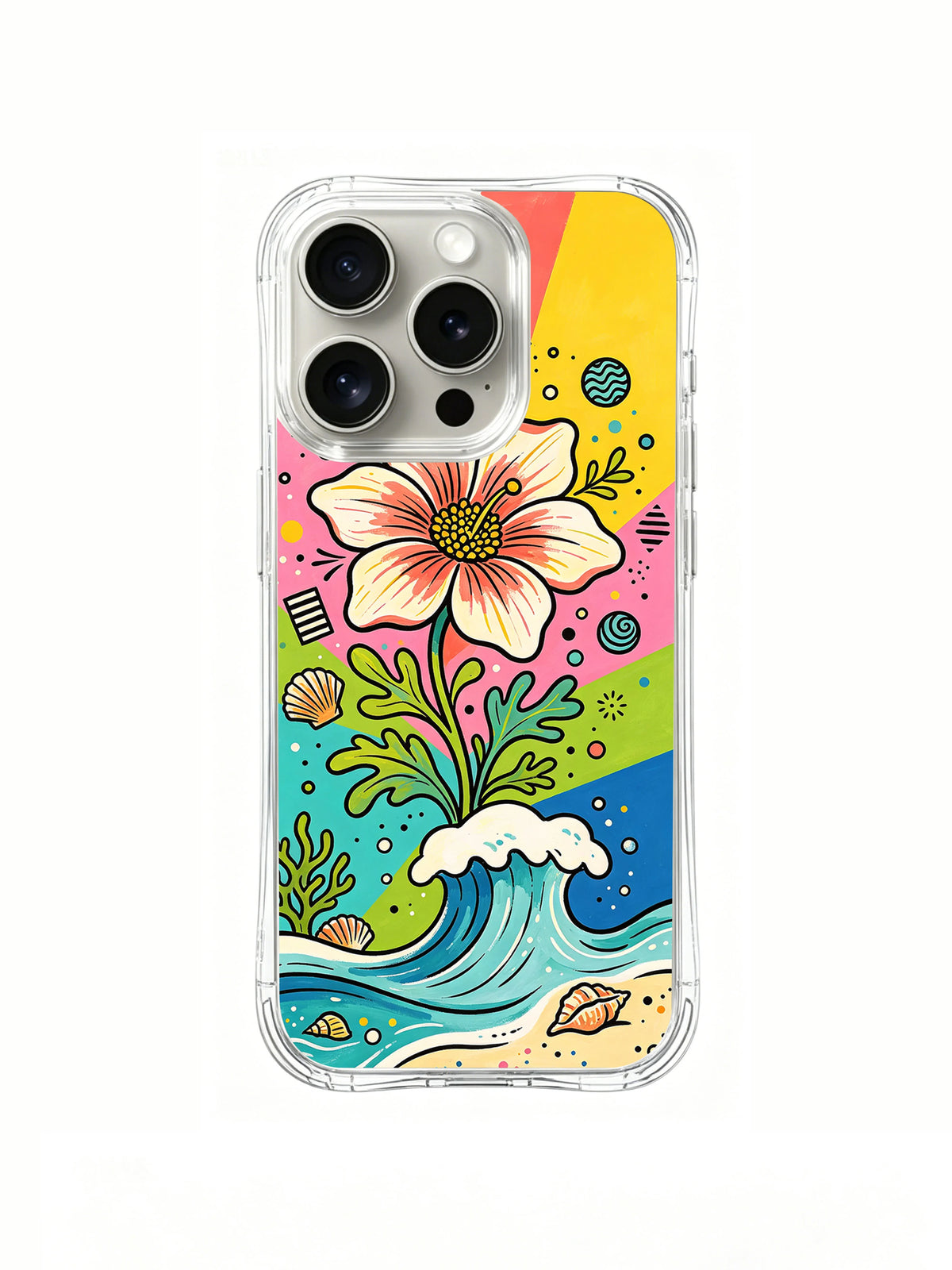 Ocean Flower Carnival: A large coral-pink flower rises above a blue wave with shells and sea plants.