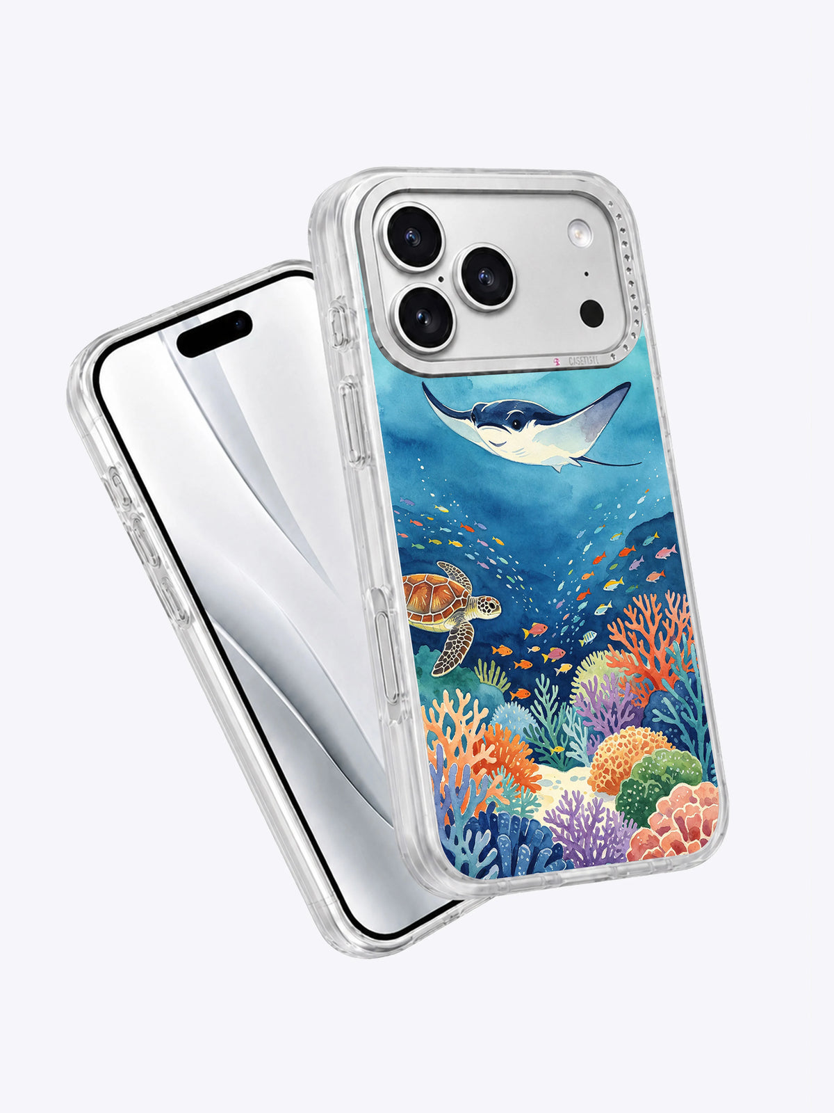 Angled view of Ocean Gathering marine ecosystem artwork on a clear iPhone case