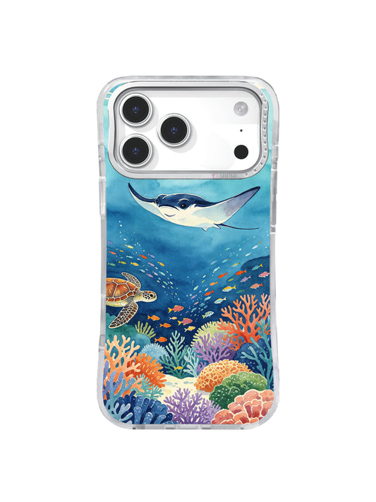 Ocean Gathering iPhone case pattern with manta ray, sea turtle, fish schools, and colorful coral reef