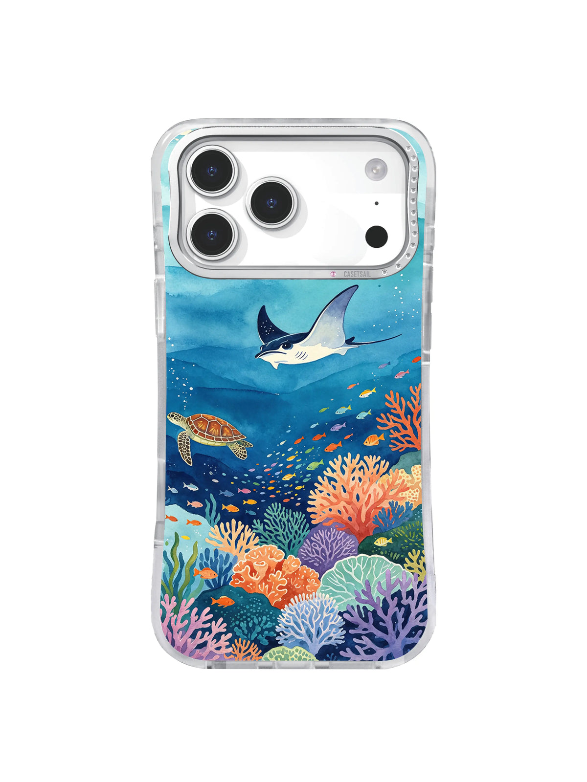 Marine ecosystem iPhone case art with manta ray, turtle, fish schools, and lavender orange coral