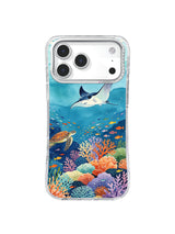 Hand-painted ocean wildlife pattern with manta ray, sea turtle, schooling fish, and layered reef