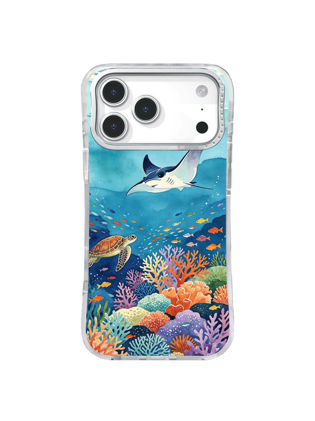 Hand-painted ocean wildlife pattern with manta ray, sea turtle, schooling fish, and layered reef