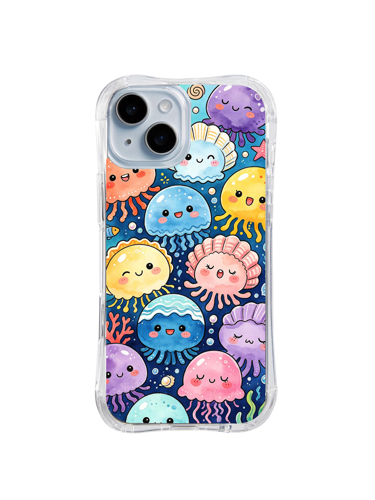 Jellyfish Mood Lagoon: Pastel jellyfish with varied expressions overlap on a deep blue lagoon background.