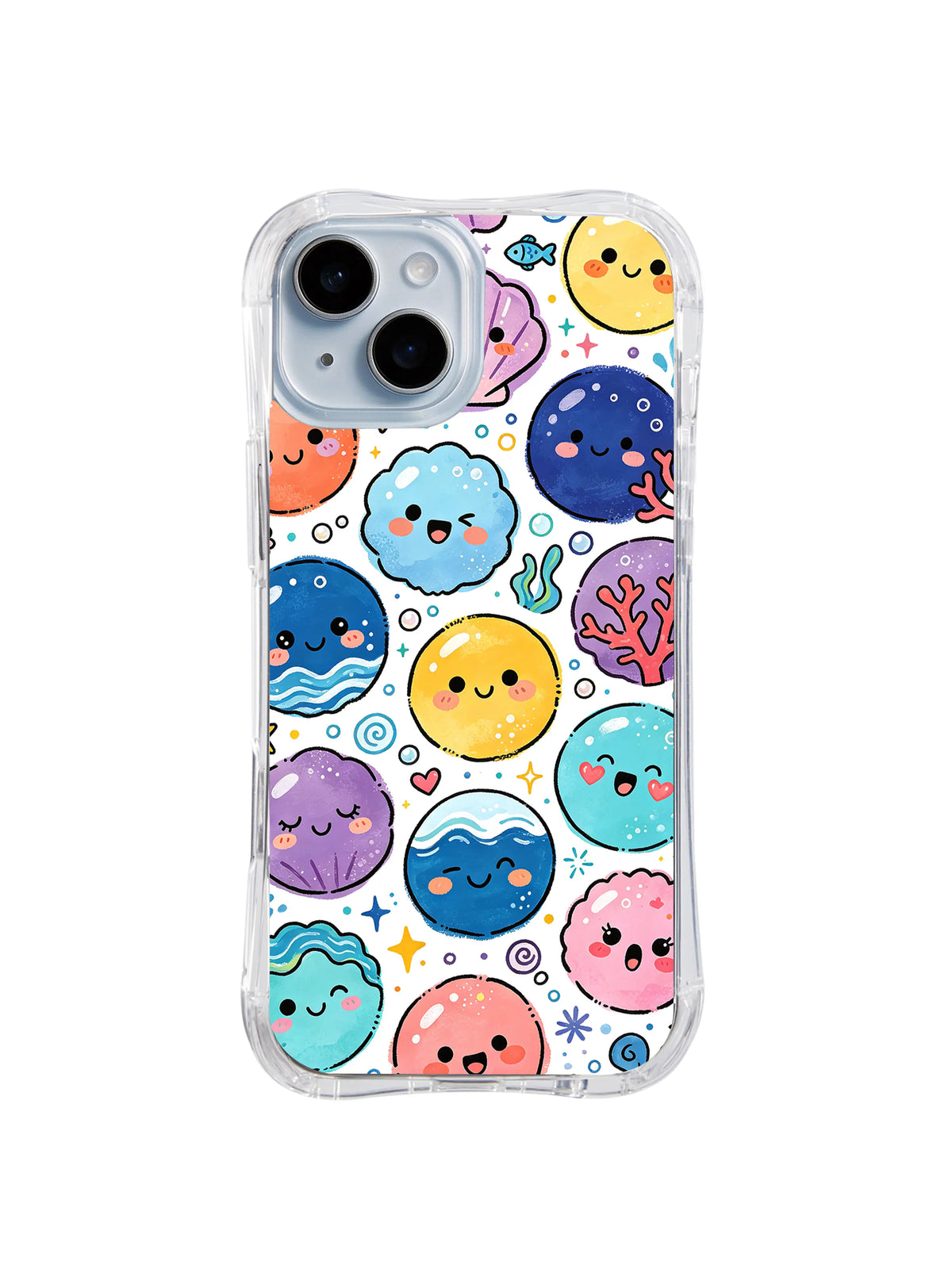 White Sea Spirit Mix: Round smiling sea spirits in yellow, blue, pink, turquoise and purple repeat with coral and small ocean motifs on white.