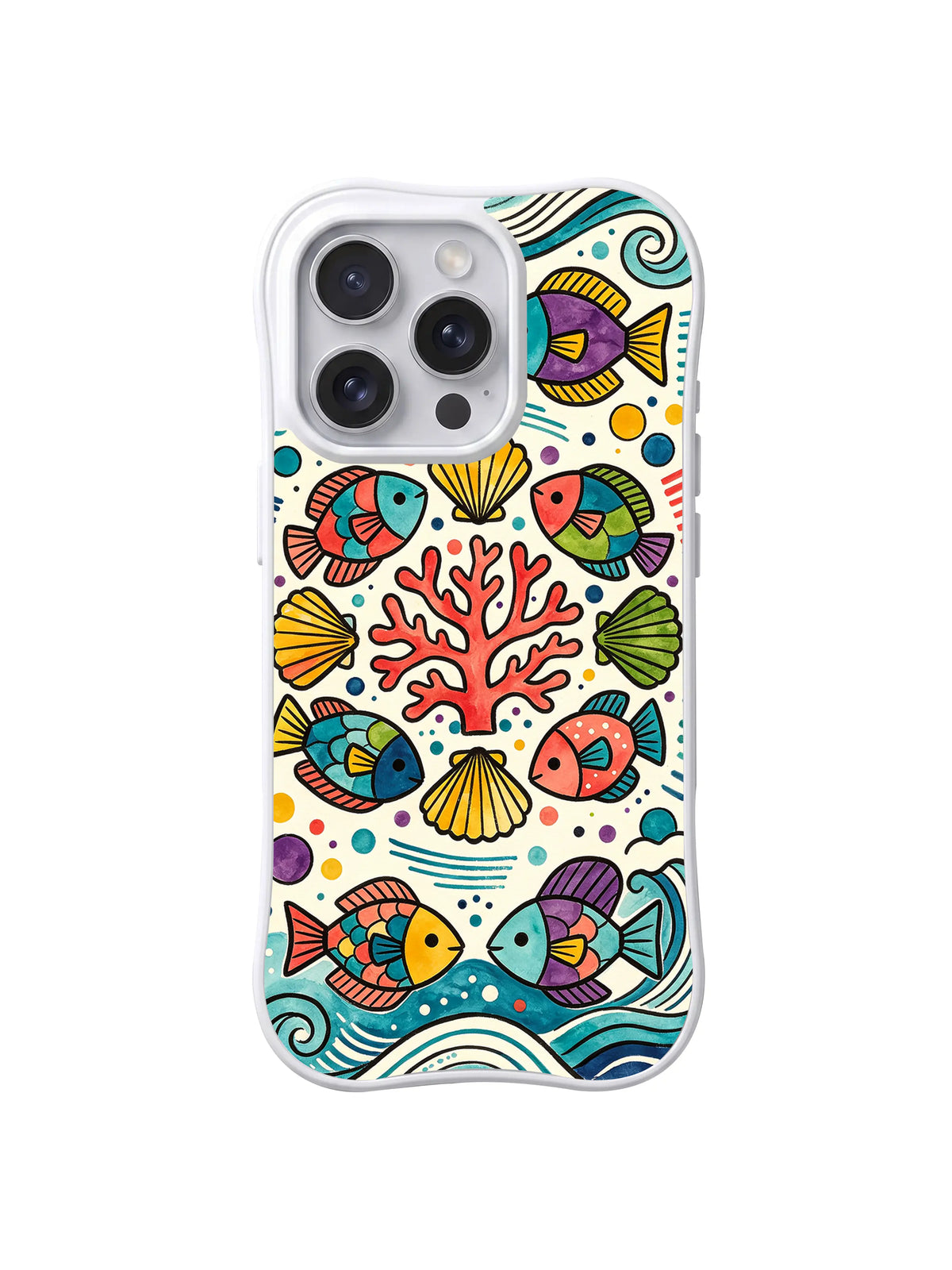 Coral Fish Parade: Colorful fish, coral and shells form a lively all-over ocean pattern.