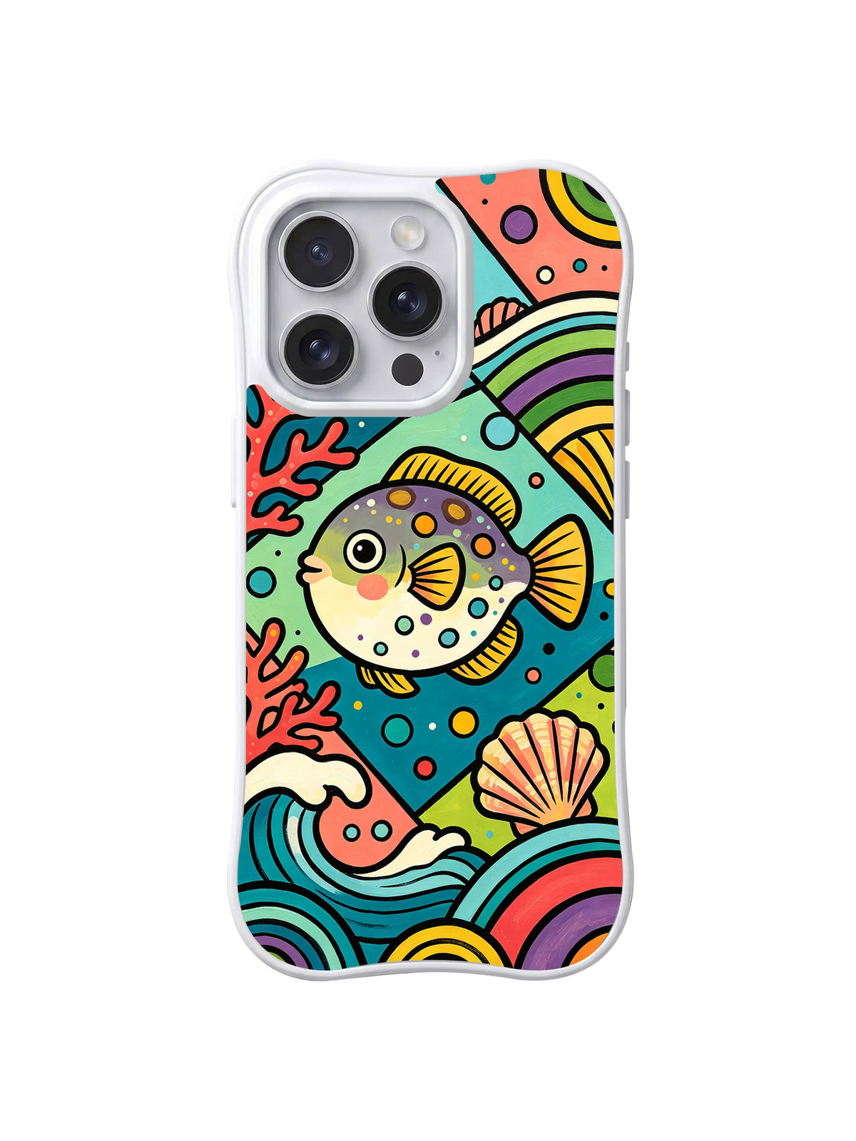 Playful Pufferfish Coral: A round pufferfish swims among coral, shells and layered teal waves.