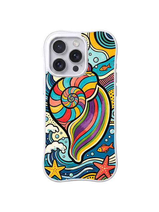 Rainbow Nautilus Reef: A rainbow nautilus shell curls above waves, starfish and small fish.