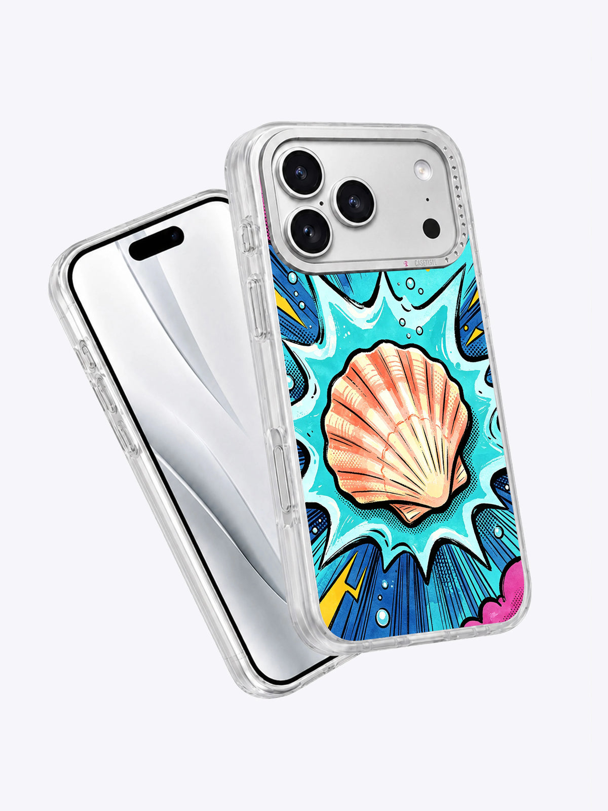 Angled clear iPhone case displaying the Ocean Shell Crash coastal artwork
