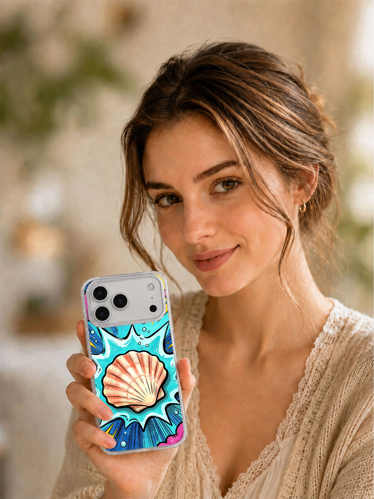 Lifestyle view of Ocean Shell Crash illustrated scallop shell iPhone case