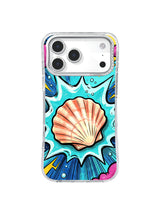 Ocean Shell Crash iPhone case with pale coral scallop, turquoise burst and cobalt comic rays