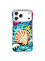 Scallop shell pop art iPhone case with turquoise wave, white foam and magenta-yellow accents