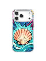 Coral scallop iPhone case with cobalt spikes, turquoise water and magenta sea clouds