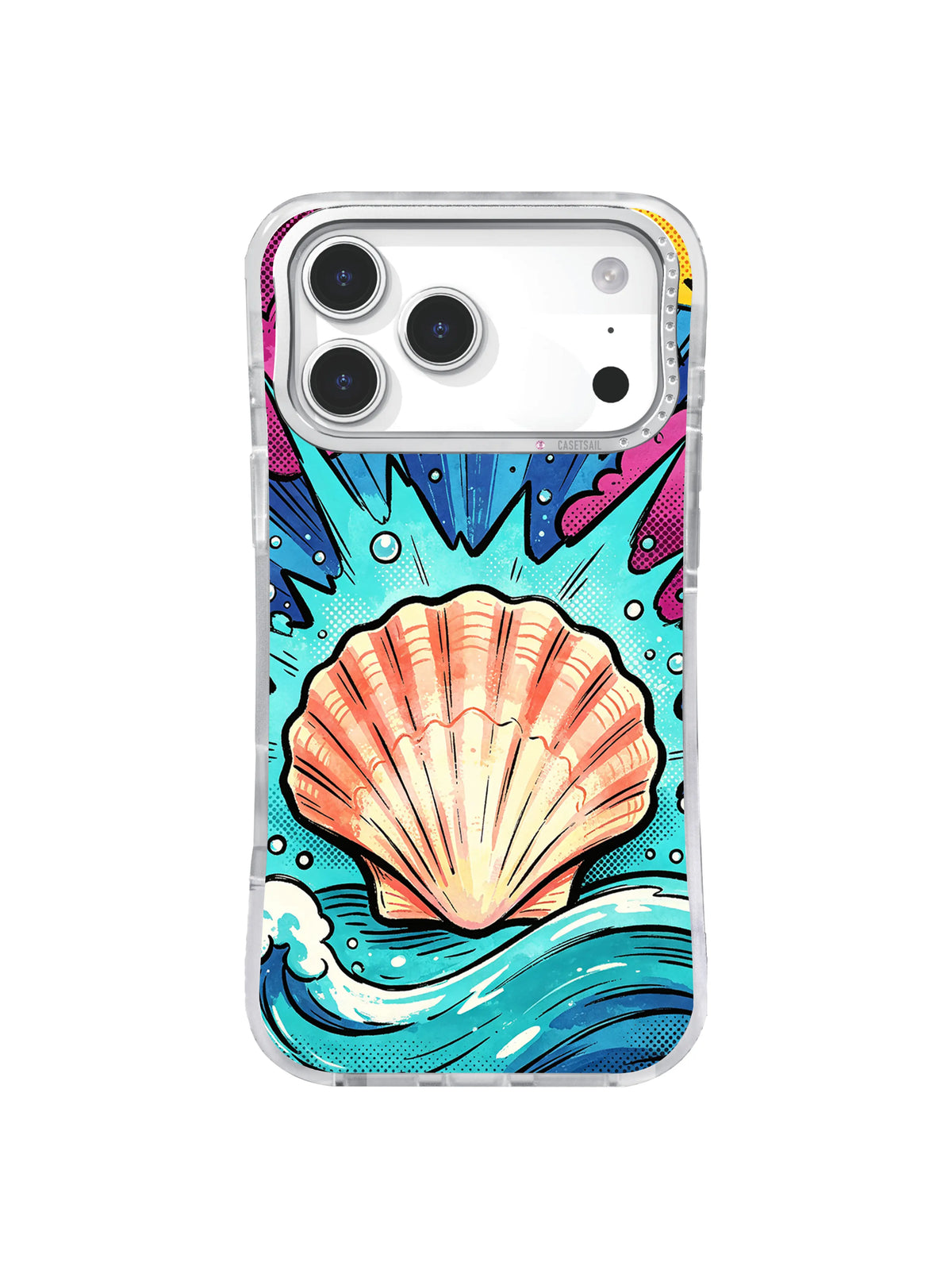 Coral scallop iPhone case with cobalt spikes, turquoise water and magenta sea clouds