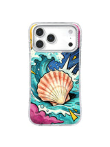 Coastal shell iPhone case with foaming teal waves, cobalt lines and yellow comic splashes