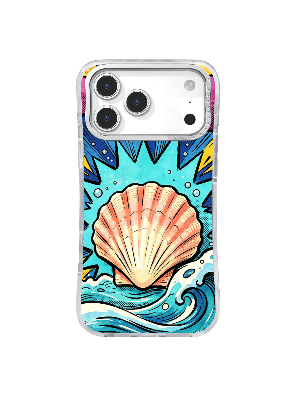 Pale coral scallop iPhone case with cyan burst and curling turquoise ocean wave