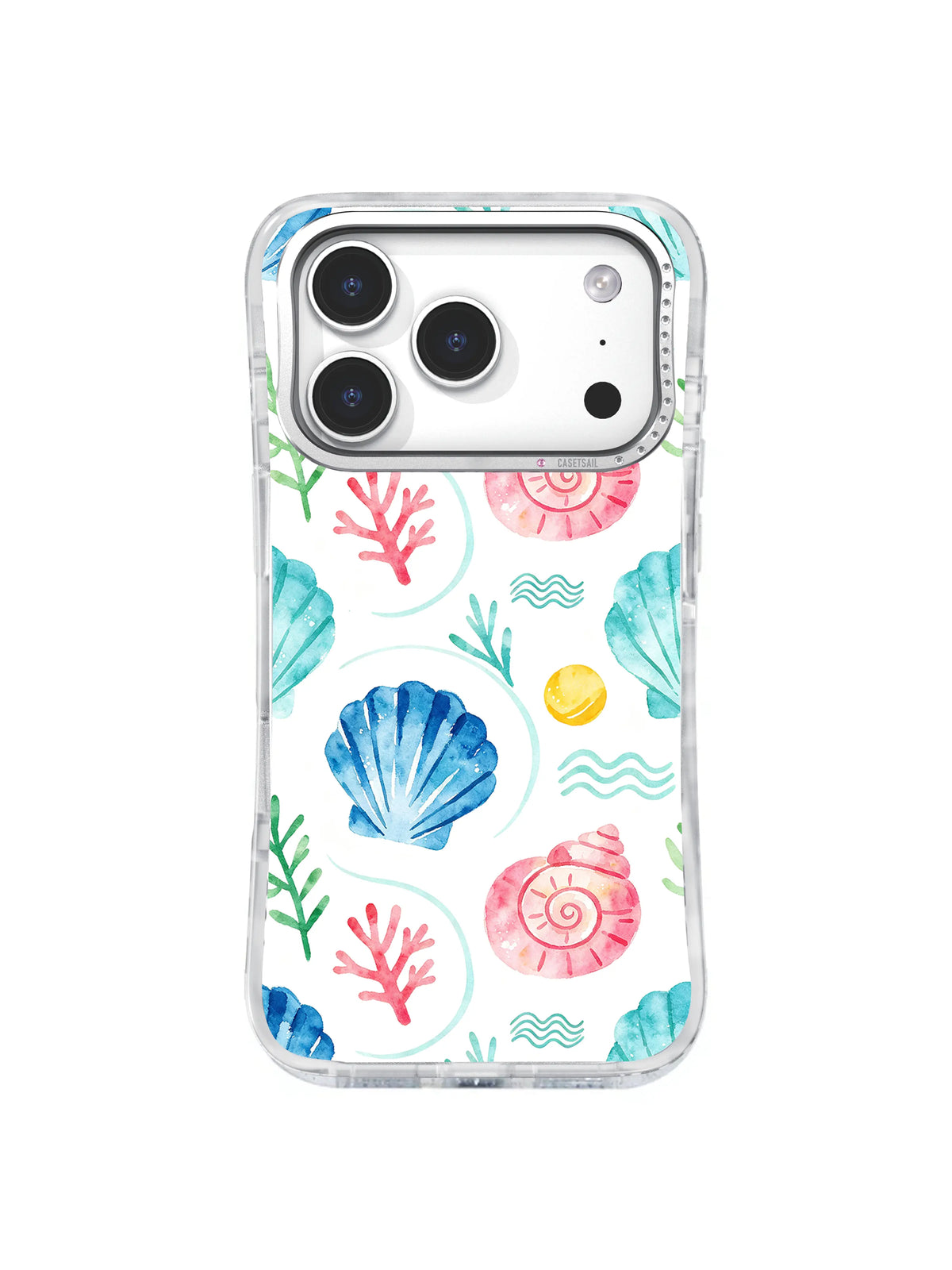 Aqua Coral Keepsakes: Blue, aqua and pink shells repeat with coral branches and small wave marks.