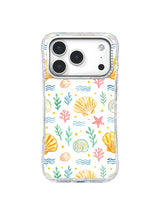 Golden Seaside Treasure: Golden shells, spiral forms, coral, starfish and aqua waves scatter on white.