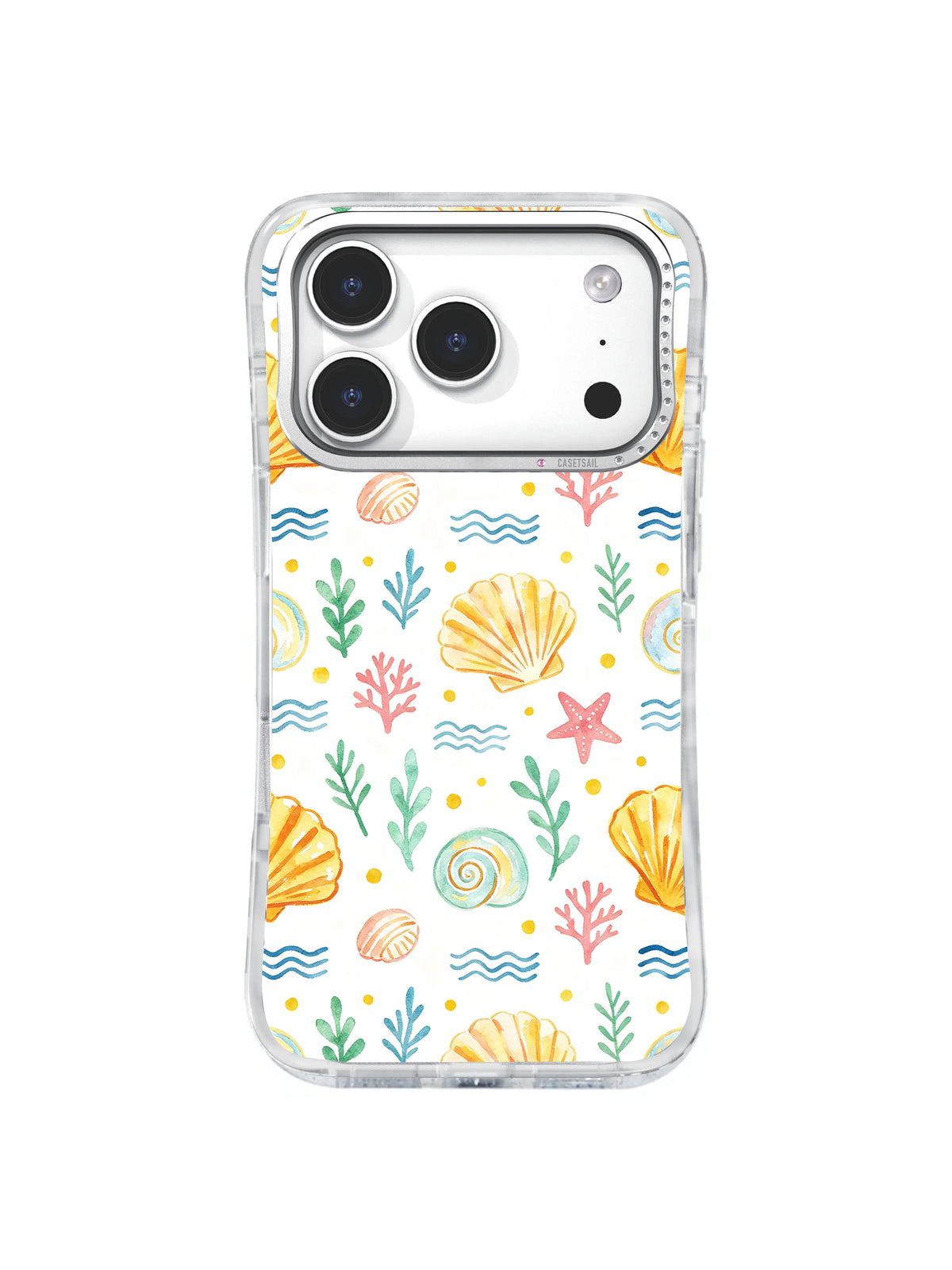 Golden Seaside Treasure: Golden shells, spiral forms, coral, starfish and aqua waves scatter on white.