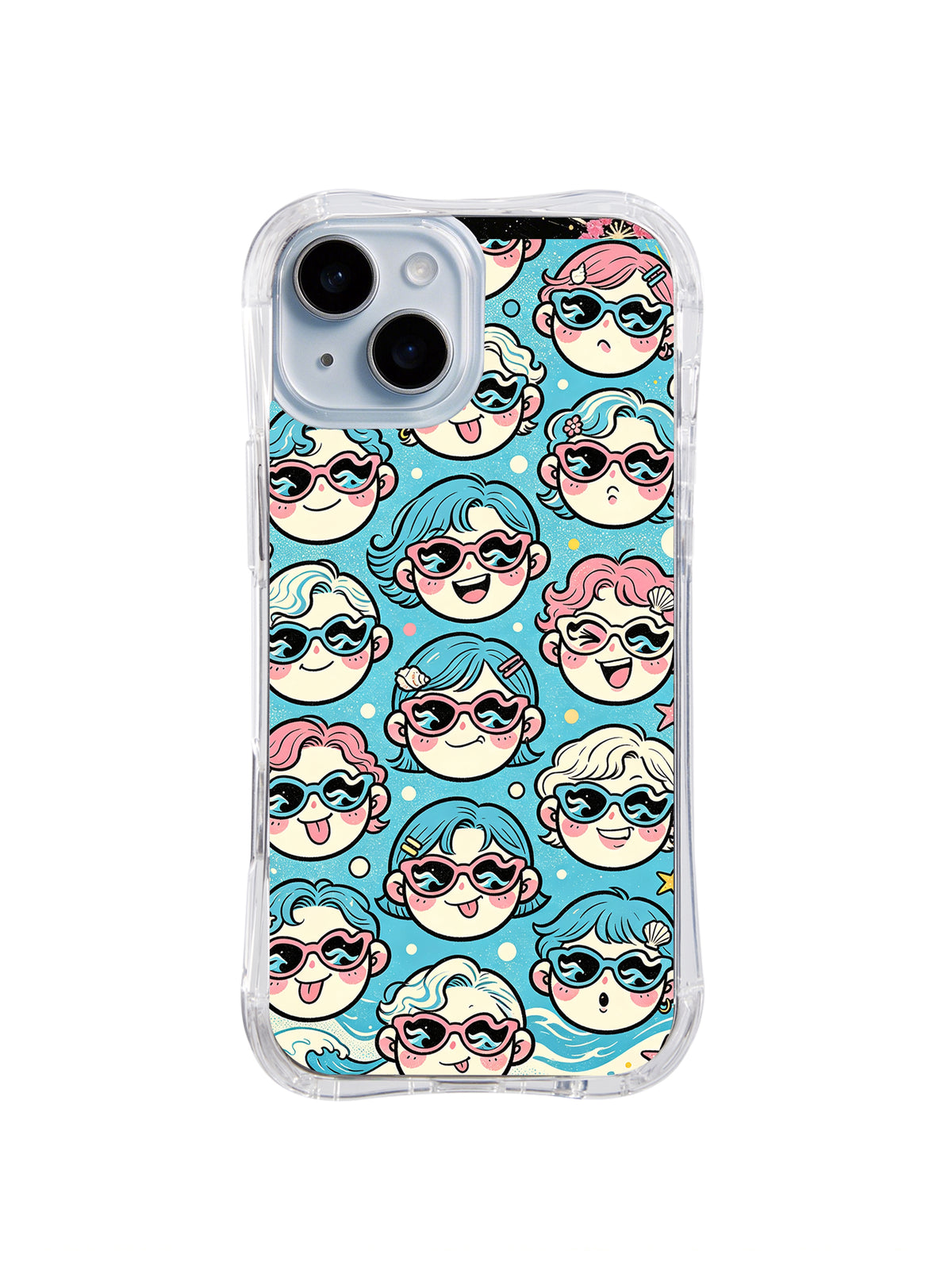Coastal Doodle Character Mix: Blue, pink and cream character faces with wavy hair form a dense coastal-color collage.