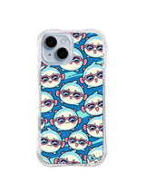 Blue Tide Character Rows: Blue-haired round faces in pink sunglasses repeat in rows on cyan.