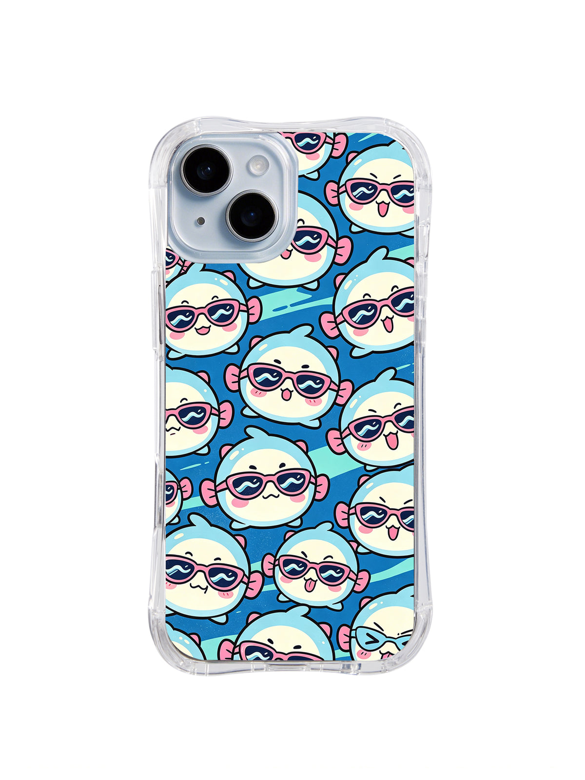 Blue Tide Character Rows: Blue-haired round faces in pink sunglasses repeat in rows on cyan.