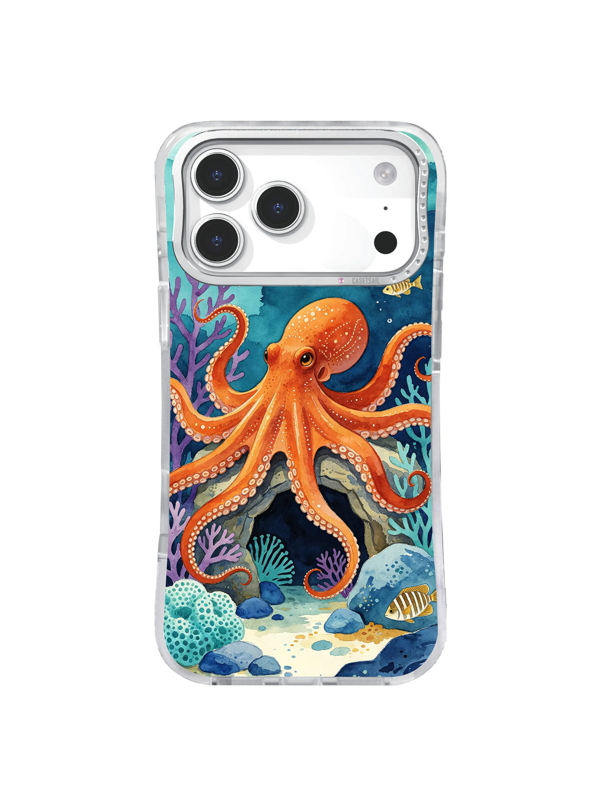 Orange octopus above turquoise sponges and pale reef stones on an iPhone case