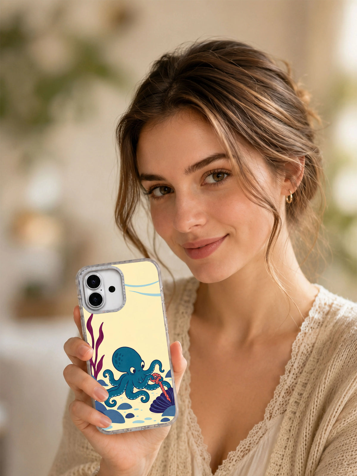 Lifestyle portrait showing Octopus Unties the Tide iPhone 17 case