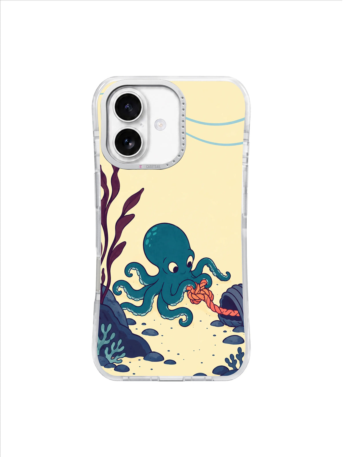 Teal octopus working at a rope knot between wine-purple kelp and dark shells