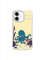 Teal octopus patiently separating a coral knot in open buttercream water