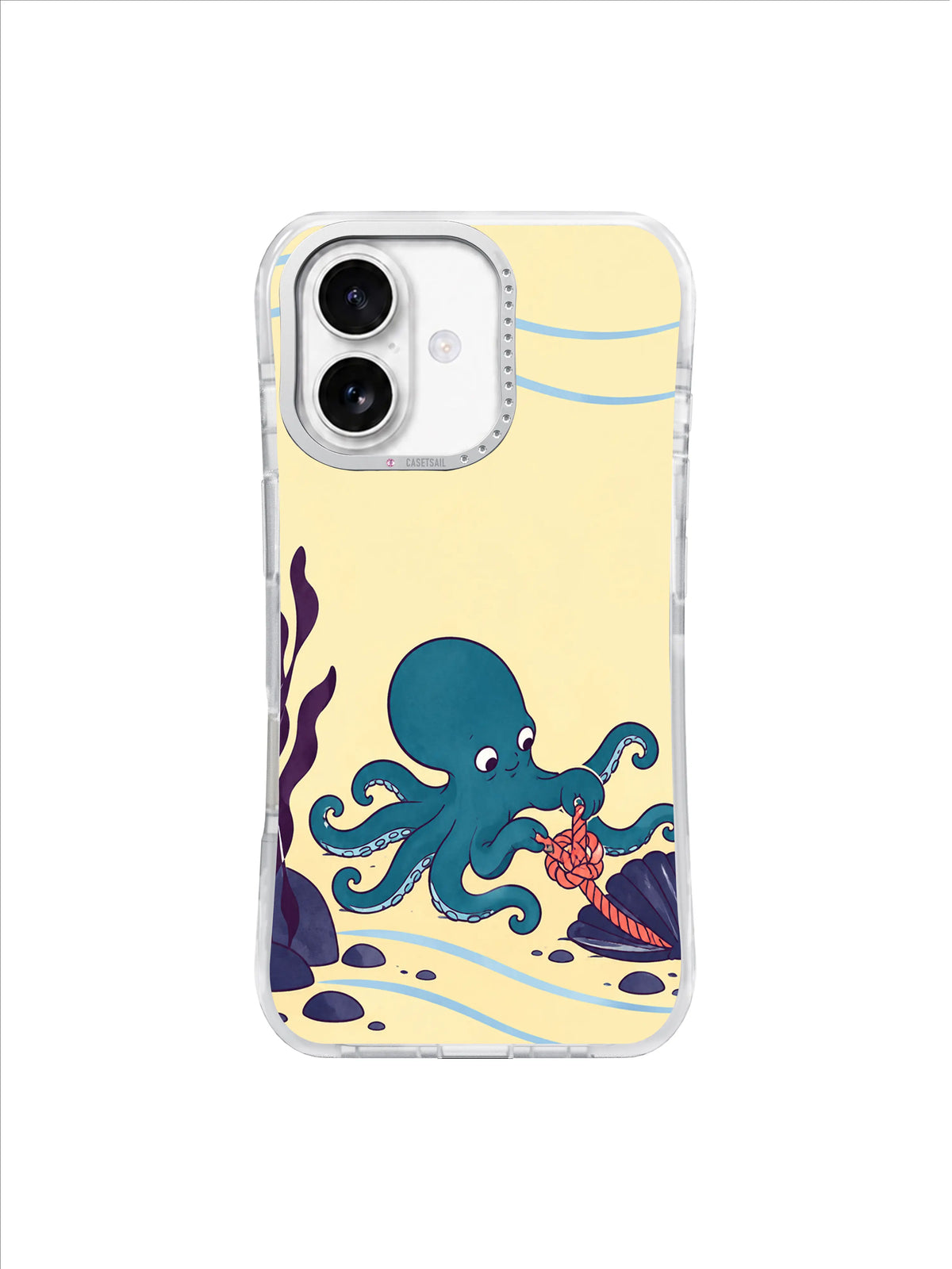 Teal octopus patiently separating a coral knot in open buttercream water