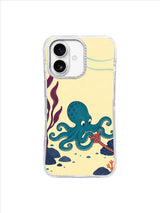 Eight-armed teal octopus loosening coral rope held by an indigo shell