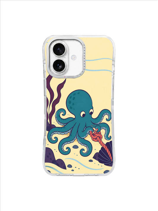 Teal octopus loosening a coral rope knot beside indigo shells on buttercream