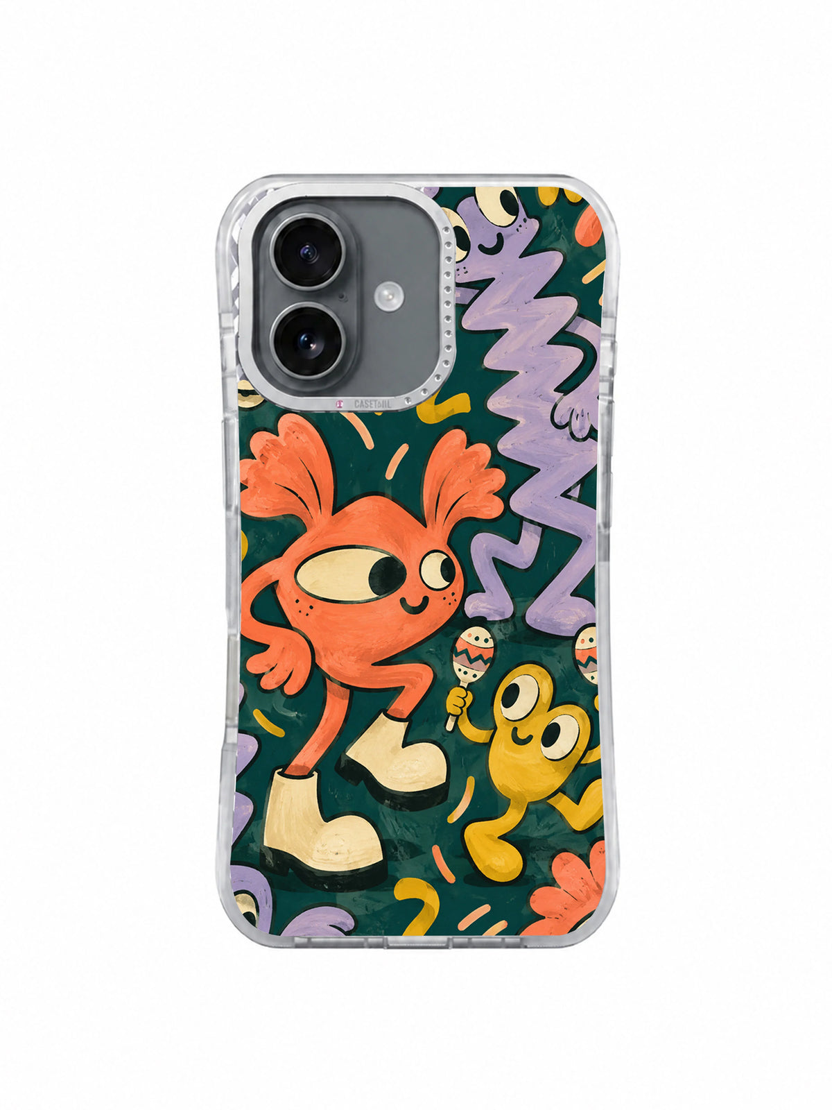 Front view of The Offbeat Parade artwork on an iPhone 17 case