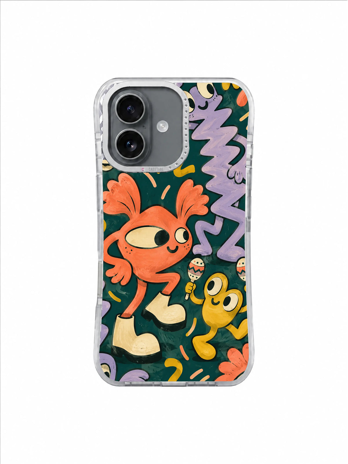 Hot-peach long-legged dancer leading lilac and mustard friends on a petrol-green background
