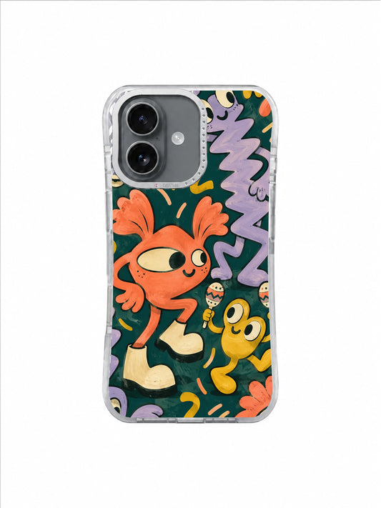 Hot-peach long-legged dancer leading lilac and mustard friends on a petrol-green background