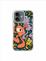 Peach, lilac and mustard friends dancing in staggered steps across a deep-green scene