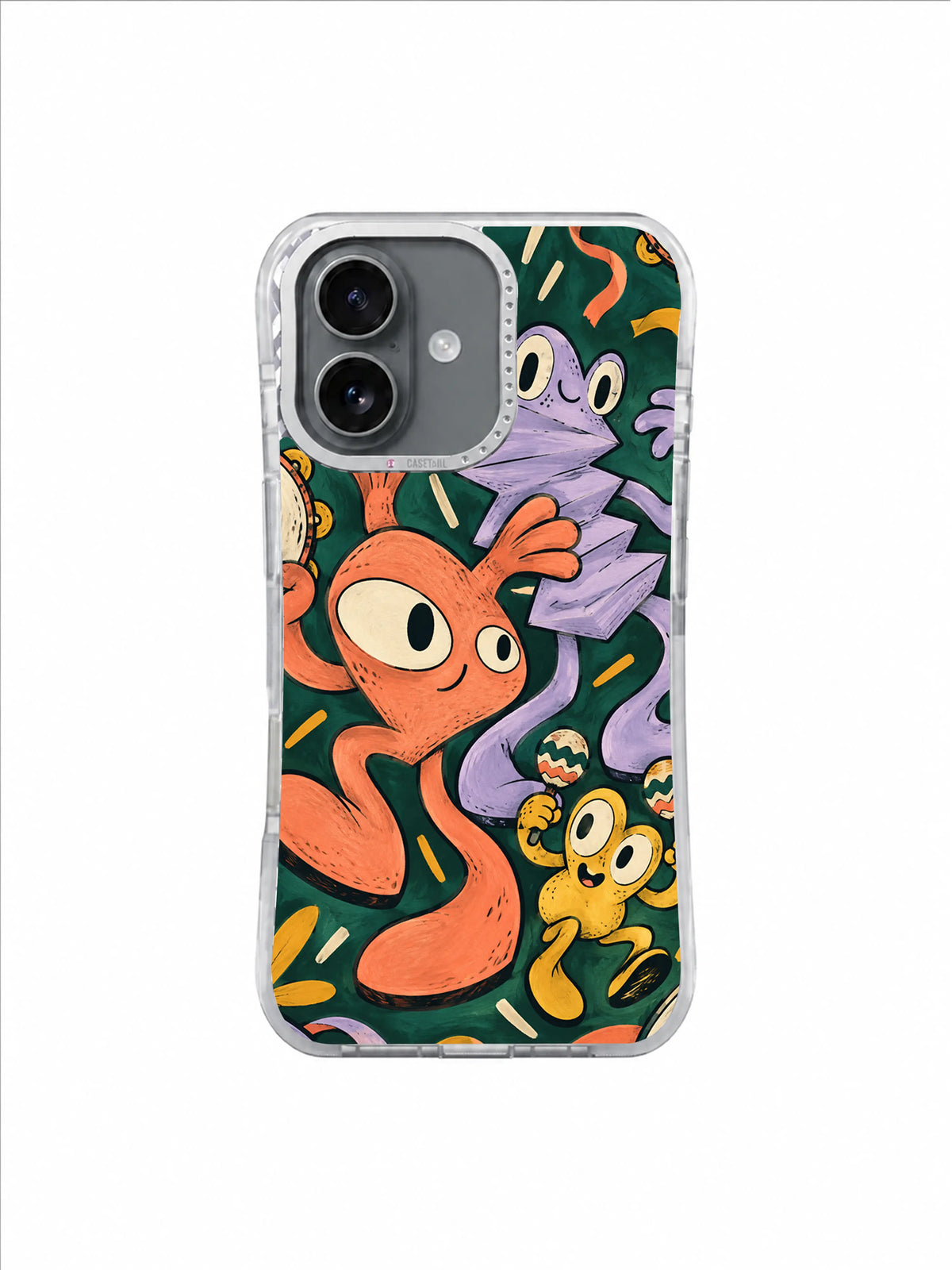 Peach, lilac and mustard friends dancing in staggered steps across a deep-green scene