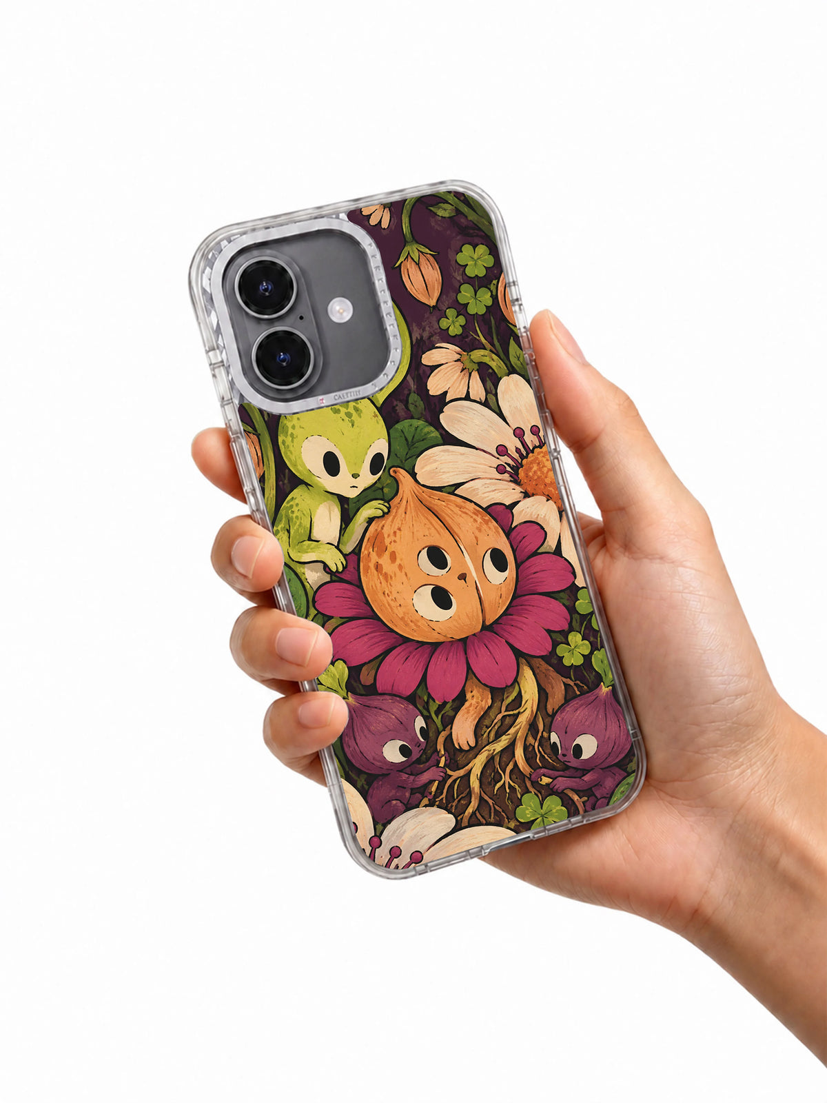 Hand holding The One-Centimeter Garden illustrated iPhone 17 case