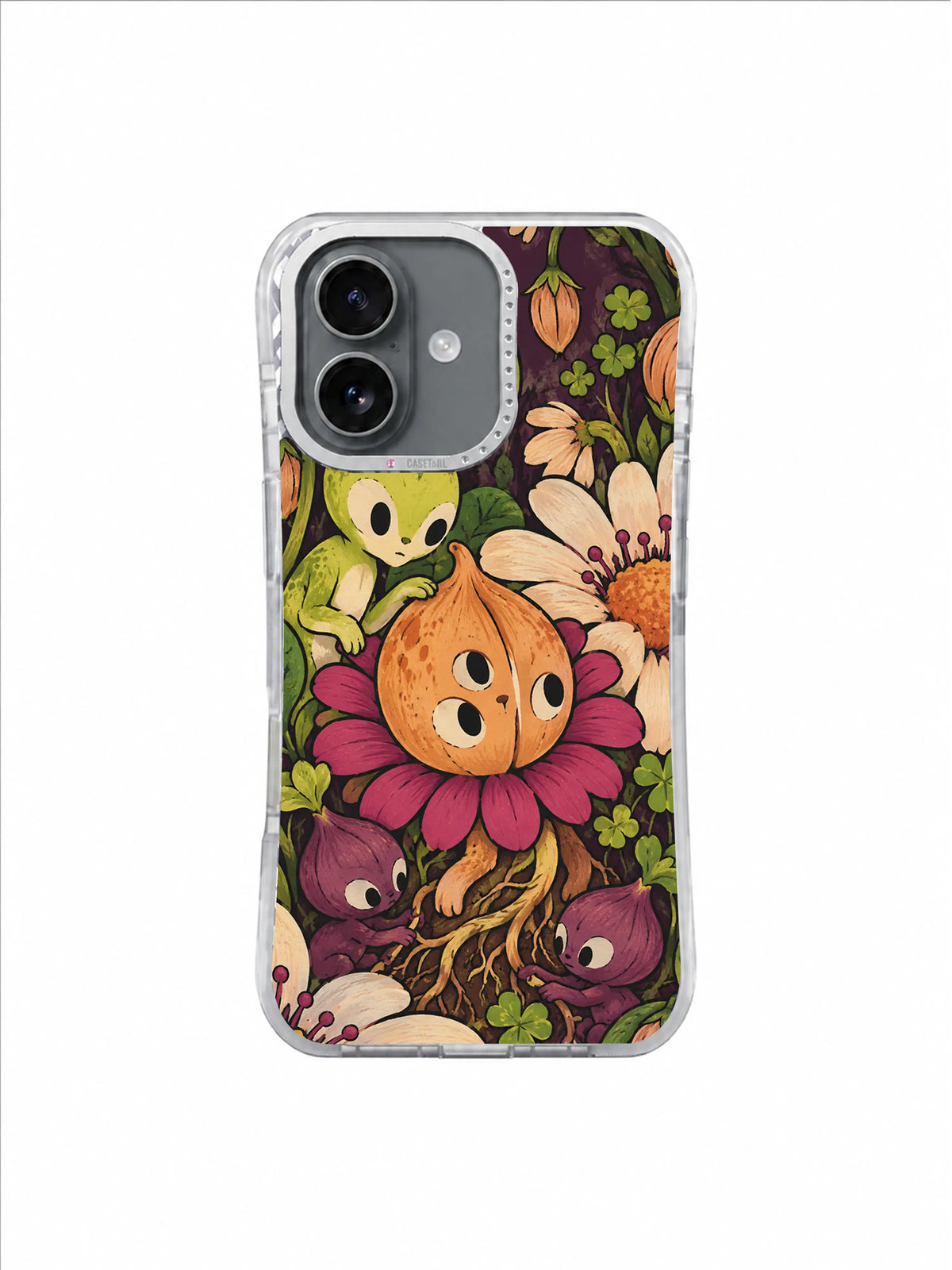 Tessa Brindle One-Centimeter Garden iPhone 17 case with apricot seed creature and magenta flower on aubergine ground
