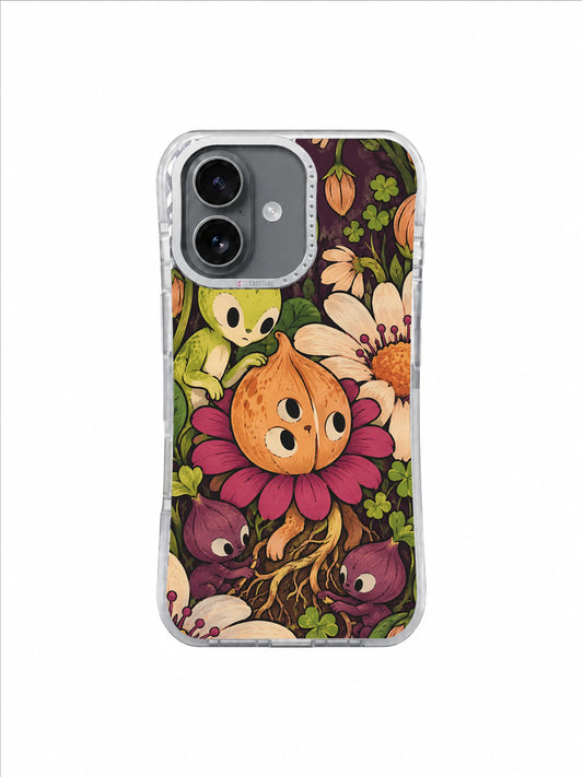 Tessa Brindle One-Centimeter Garden iPhone 17 case with apricot seed creature and magenta flower on aubergine ground
