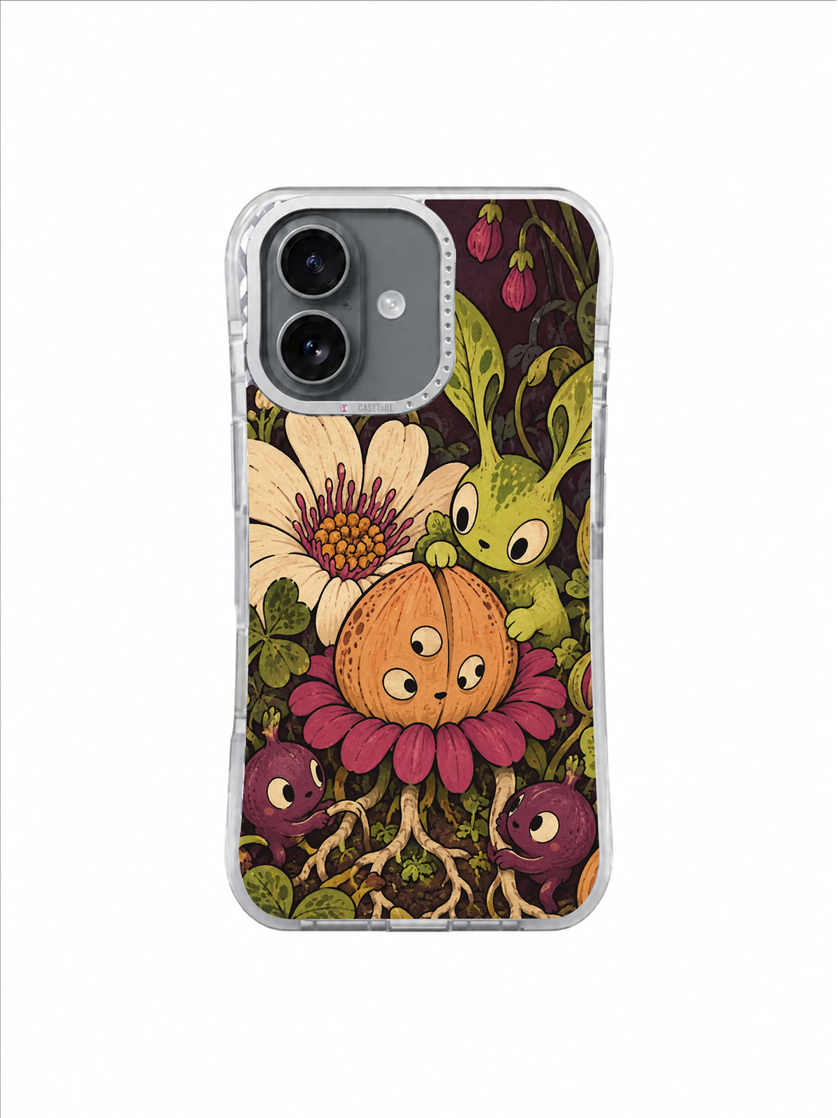 Tessa Brindle garden iPhone 17 case with seed-pod character, lime leaf friend and plum bulb creatures