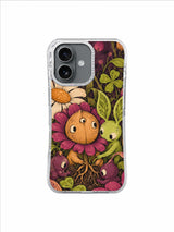 Tessa Brindle cottagecore iPhone 17 case with apricot seed friend, clover leaves and pink blooms