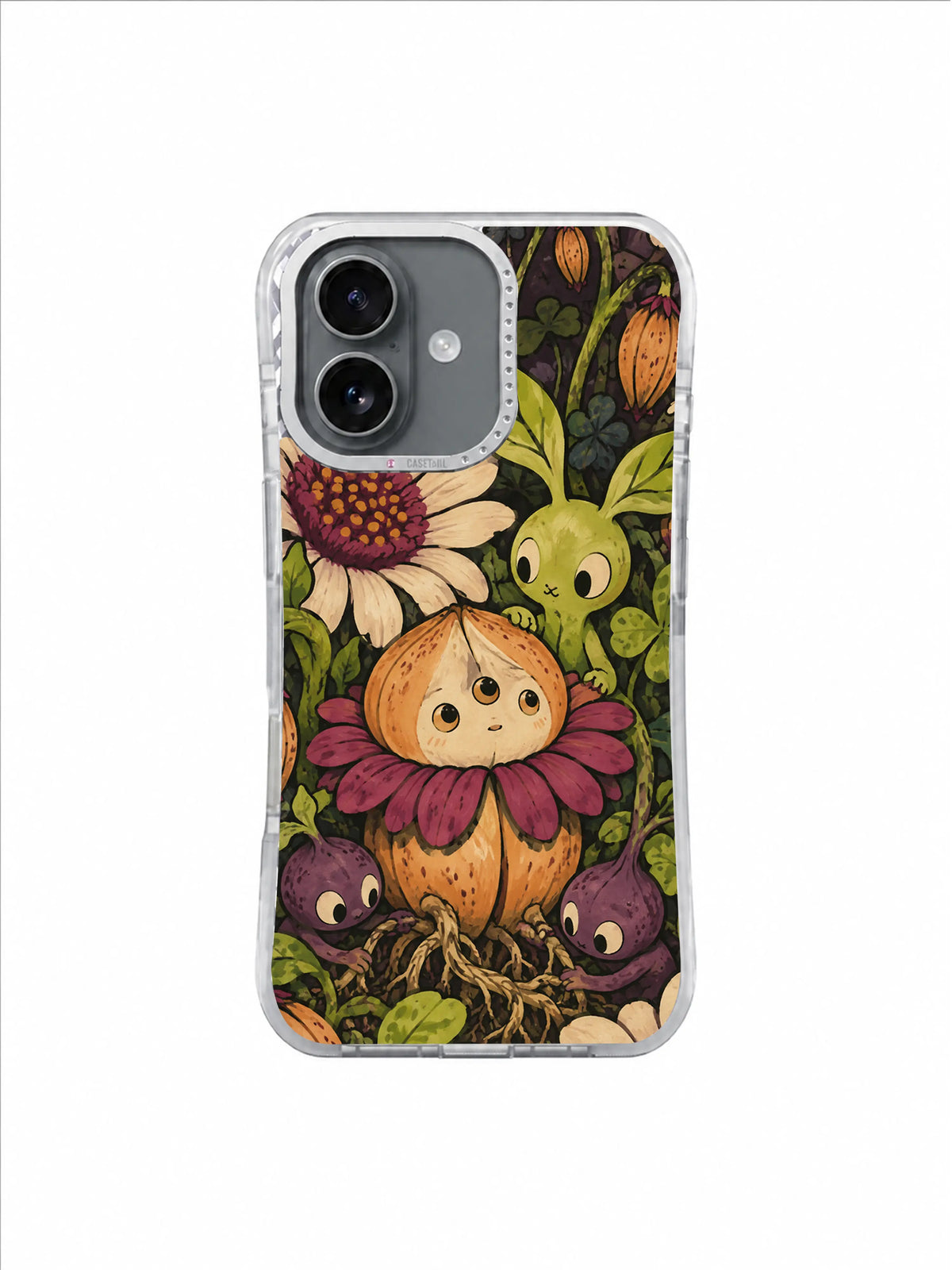 Tessa Brindle floral iPhone 17 case with tall apricot sprout character and oversized daisy