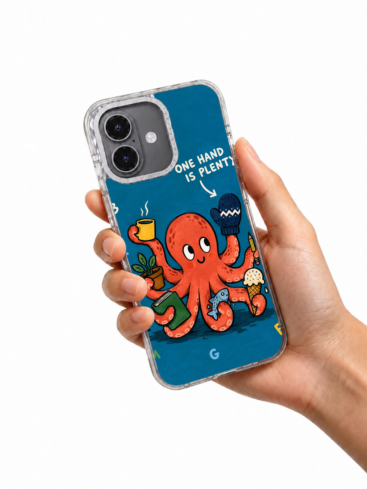 Hand holding One Hand Is Plenty octopus iPhone 16 case