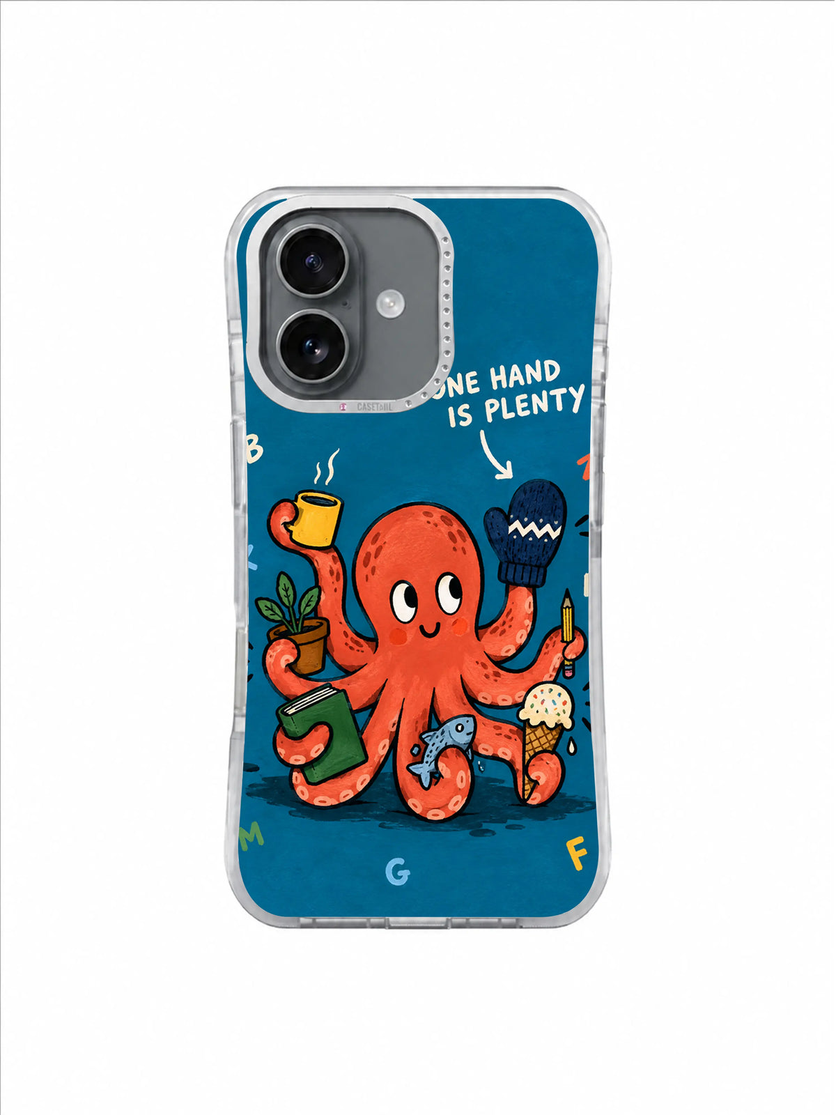 Deep teal coral octopus with one navy mitten iPhone 16 case