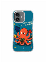 Teal coral octopus with navy mitten One Hand Is Plenty iPhone 16 case