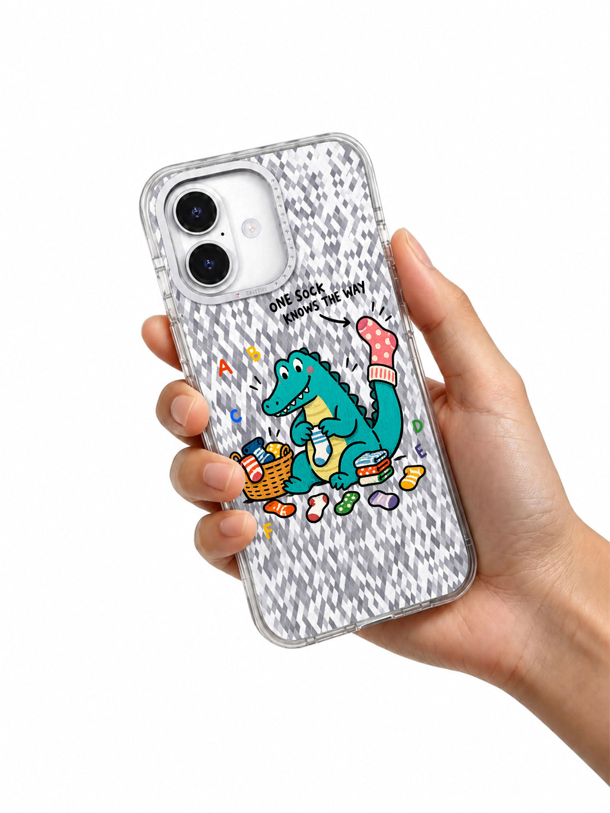 One Sock Knows the Way iPhone 16 Case shown in hand