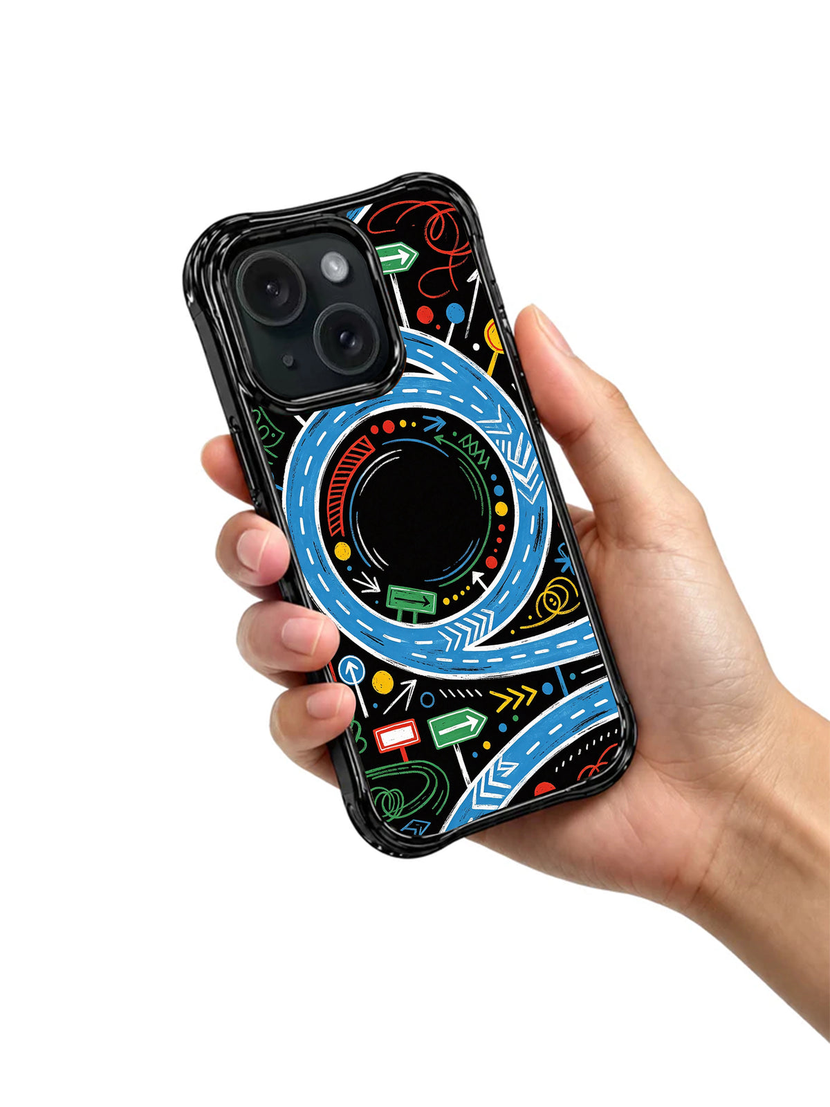 Colorful traffic sign iPhone 15 Pro case held in hand