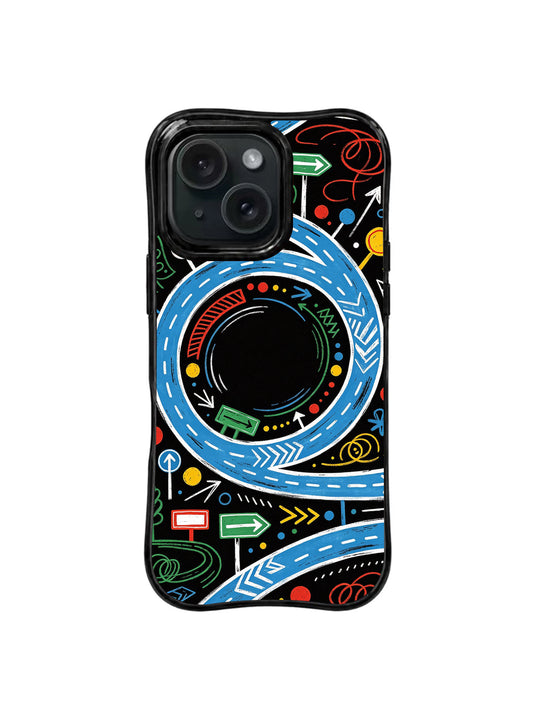 Open Road Doodles colorful highway iPhone 15 Pro case front view