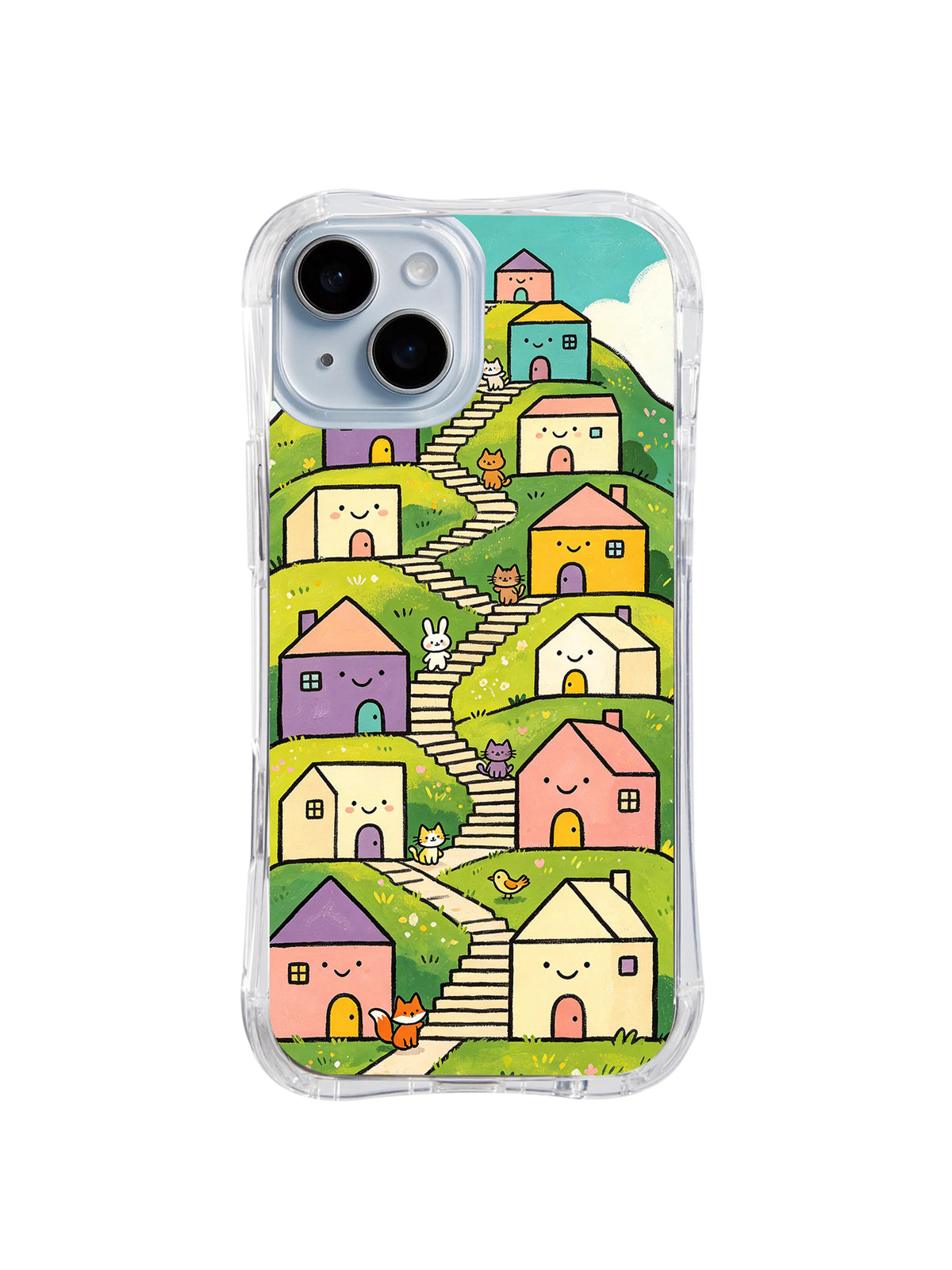 Meadow Stairway Friends: Pastel homes and small animals follow stairs across bright green hills.